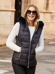 Sosandar Black Padded Gilet With Faux Fur Hood - Image 4 of 5