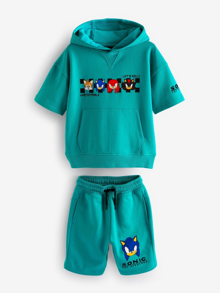 Turquoise Blue Sonic Licensed 100% Cotton Short Sleeve Hoodie and Shorts Set (3-16yrs) - Image 1 of 3