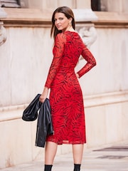 Sosandar Red Ruched Side Mesh Dress - Image 2 of 5