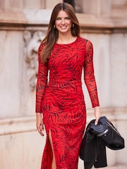 Sosandar Red Ruched Side Mesh Dress - Image 3 of 5