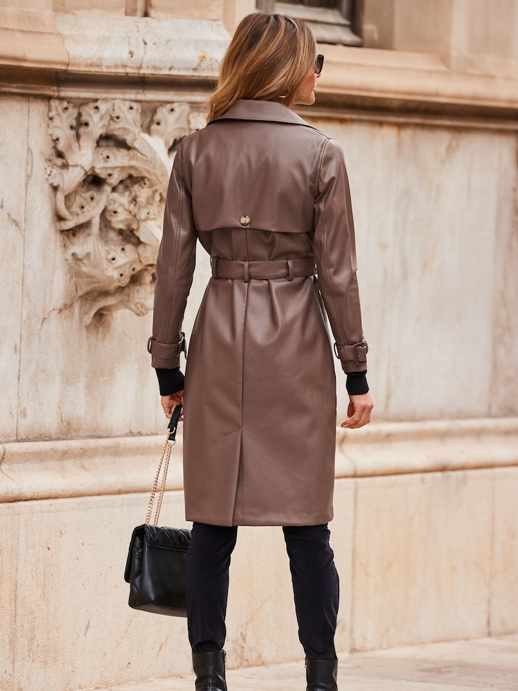 Sosandar Brown Faux Leather Trench Coat - Image 2 of 5