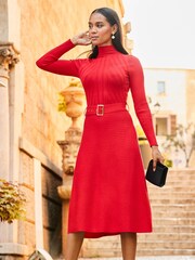 Sosandar Red Fit And Flare Ribbed Dress - Image 1 of 4