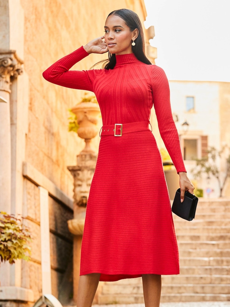 Sosandar Red Fit And Flare Ribbed Dress - Image 1 of 4