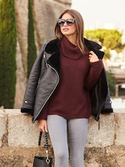 Sosandar Black Faux Shearling Belted Biker Jacket - Image 1 of 5