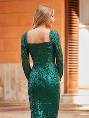 Sosandar Green Sequin Square Neck Pencil Dress - Image 3 of 4