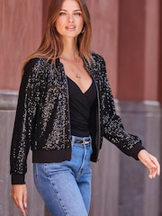 Sosandar Black Sequin Bomber Jacket - Image 1 of 5