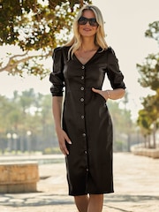 Sosandar Black Button Through Faux Leather Pencil Dress - Image 1 of 4
