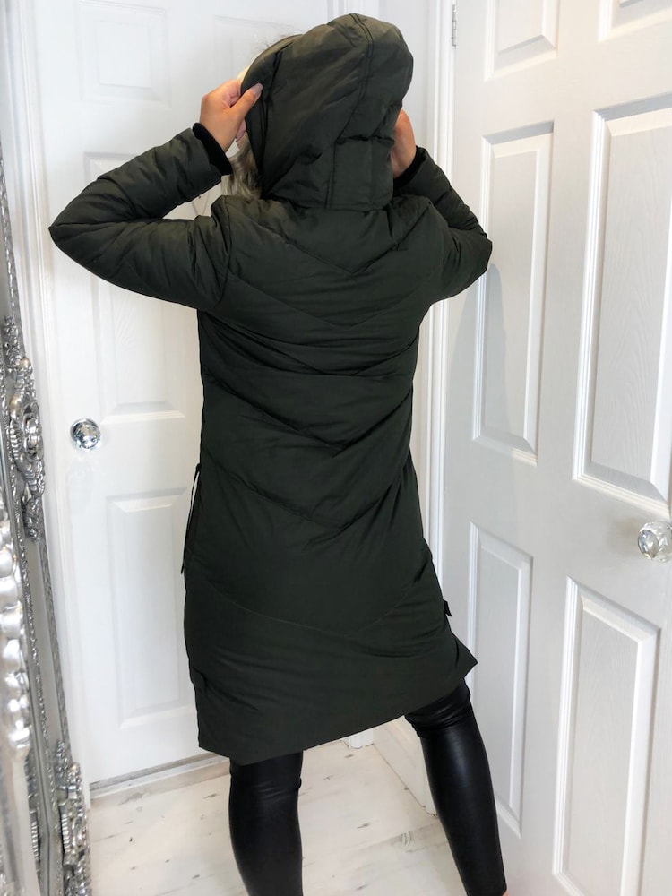 Khaki Hooded Long Line Puffer Coat - Image 2 of 4