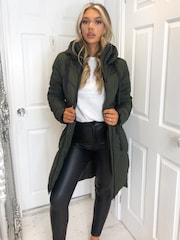 Khaki Hooded Long Line Puffer Coat - Image 3 of 4
