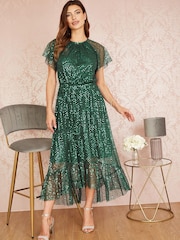 Yumi Green Sequin Angel Sleeve Midi Dress - Image 1 of 5