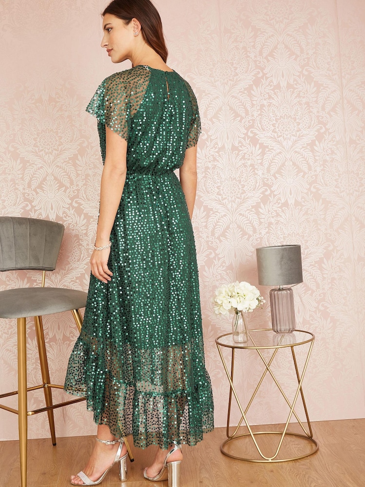 Yumi Green Sequin Angel Sleeve Midi Dress - Image 2 of 5
