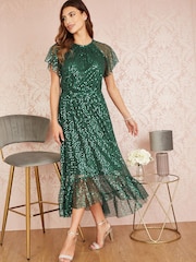 Yumi Green Sequin Angel Sleeve Midi Dress - Image 3 of 5
