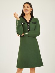 Yumi Green Knitted Shirt Dress With Contrast Detail - Image 1 of 5