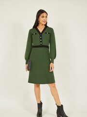 Yumi Green Knitted Shirt Dress With Contrast Detail - Image 3 of 5