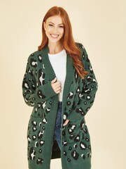 Yumi Green Long Animal Print Intarsia Knit Cardigan - Image 1 of 4