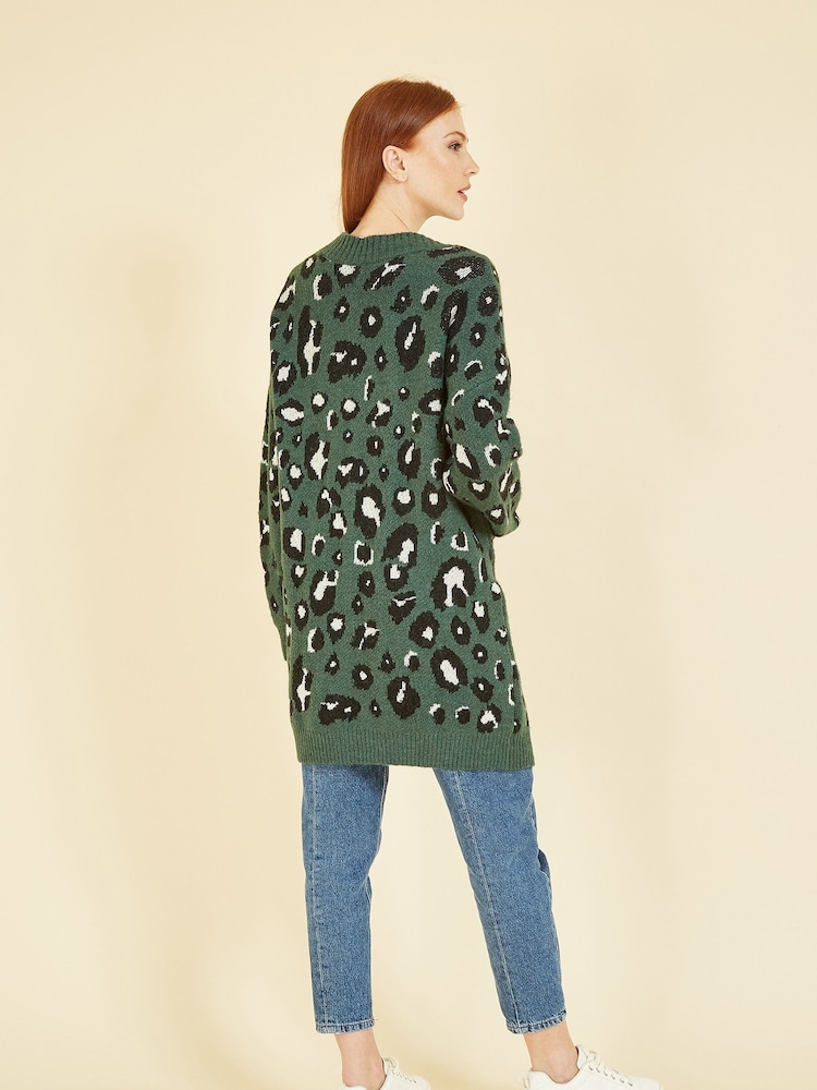 Yumi Green Long Animal Print Intarsia Knit Cardigan - Image 2 of 4