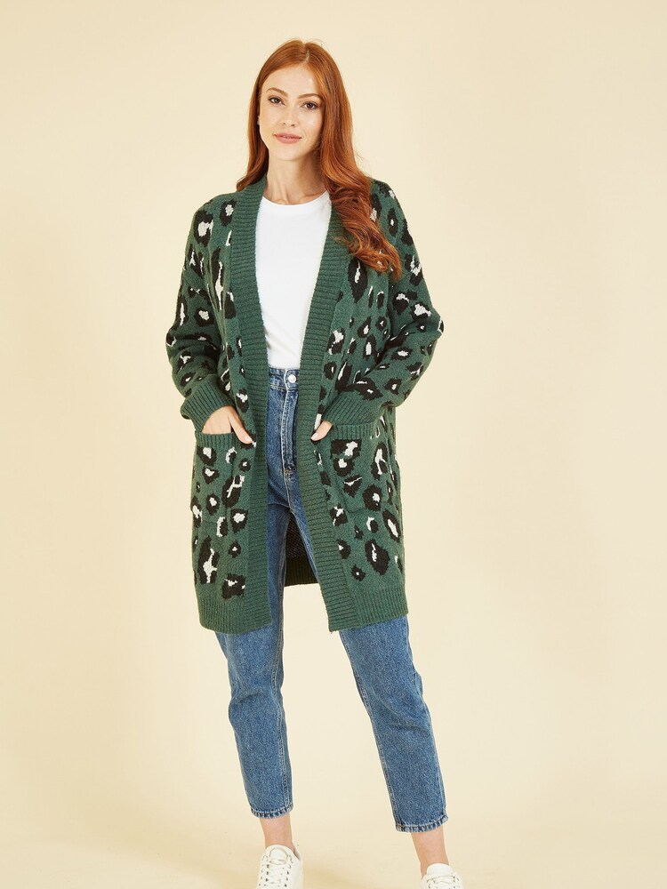 Yumi Green Long Animal Print Intarsia Knit Cardigan - Image 3 of 4
