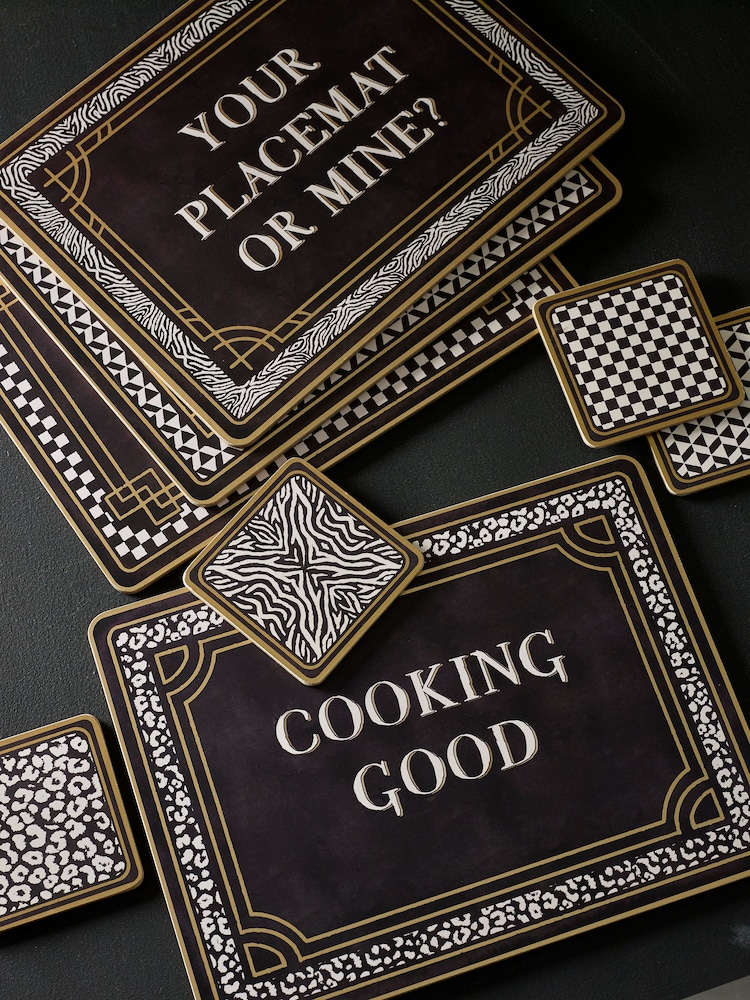 Set of 4 Black & White Slogan Corkback Placemats and Coasters - Image 1 of 3