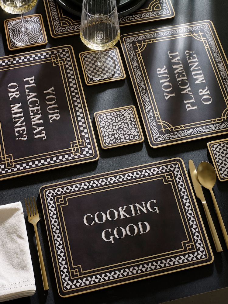 Set of 4 Black & White Slogan Corkback Placemats and Coasters - Image 2 of 3