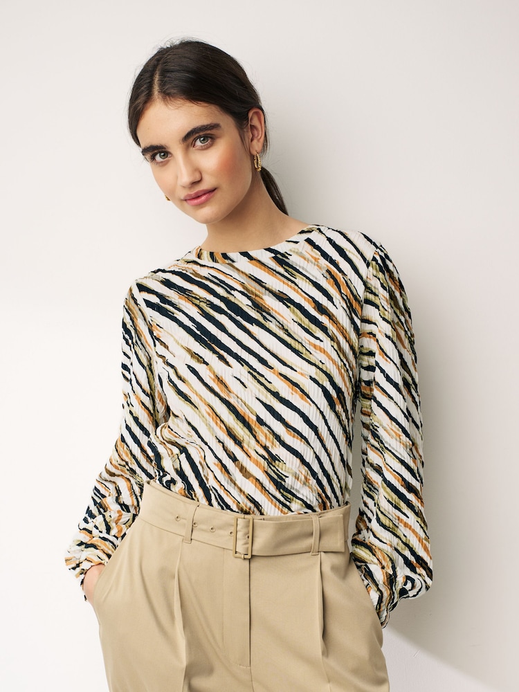 Khaki/Green bedruckt - Langärmelige, strukturierte Bluse mit Rundhalsausschnitt und Manschetten - Bild 1 von 7