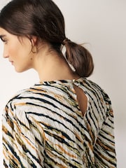 Khaki/Green bedruckt - Langärmelige, strukturierte Bluse mit Rundhalsausschnitt und Manschetten - Bild 4 von 7