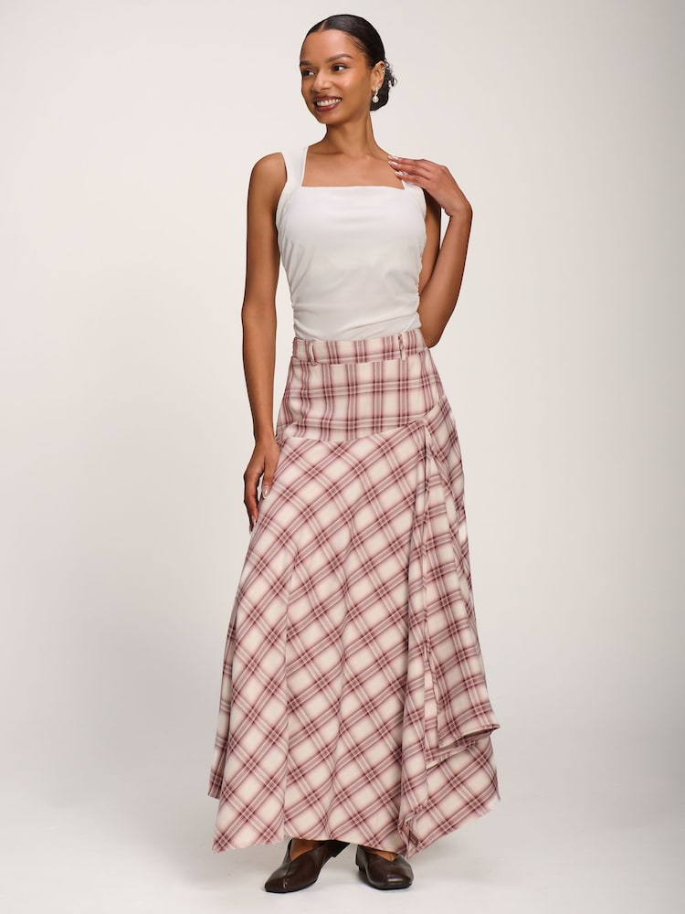 Jolie Moi Pink Asymmetric Check Maxi Skirt - Image 1 of 6 Jolie Moi Pink Asymmetric Check Maxi Skirt - Image 1 of 6