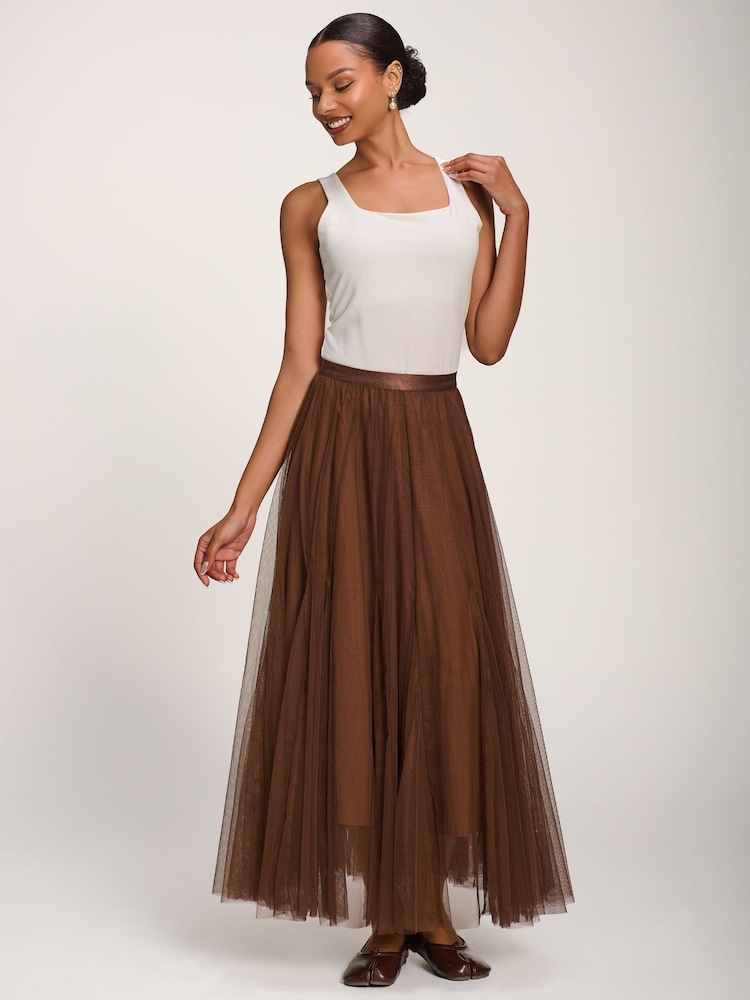 Jolie Moi Brown Tulle Godet Maxi Skirt - Image 2 of 6 Jolie Moi Brown Tulle Godet Maxi Skirt - Image 2 of 6