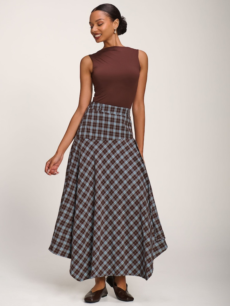 Jolie Moi Brown Plaid Asymmetric Maxi Skirt - Image 1 of 6 Jolie Moi Brown Plaid Asymmetric Maxi Skirt - Image 1 of 6
