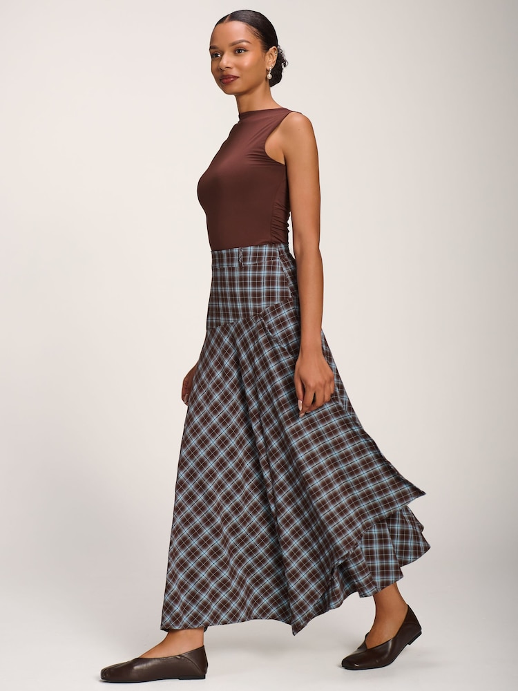 Jolie Moi Brown Plaid Asymmetric Maxi Skirt - Image 2 of 6 Jolie Moi Brown Plaid Asymmetric Maxi Skirt - Image 2 of 6