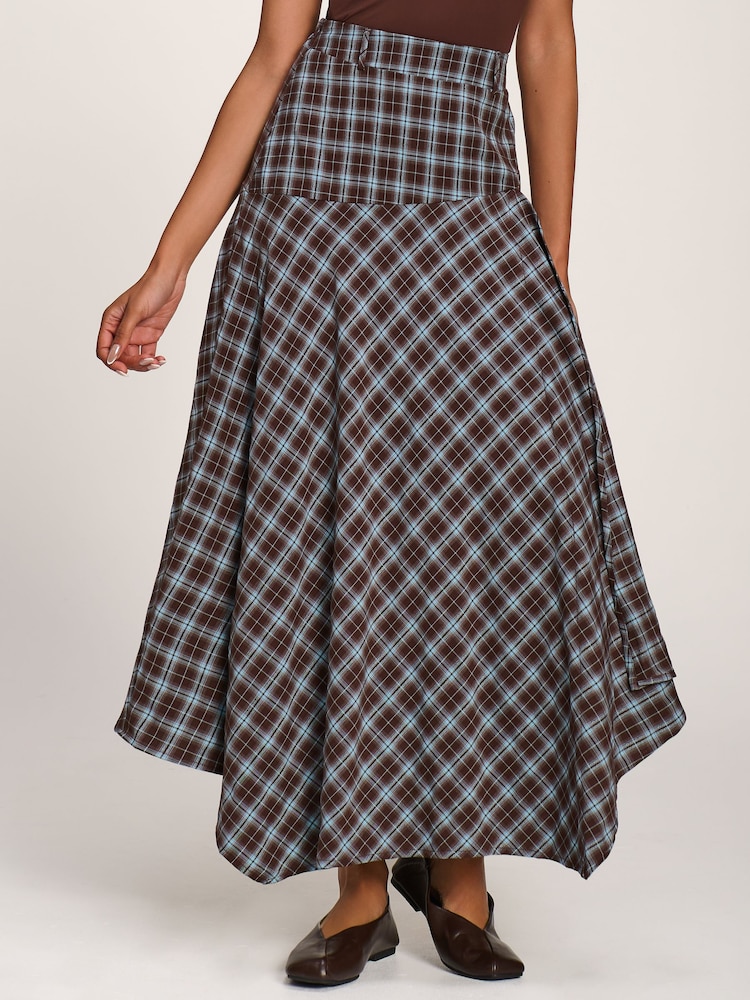 Jolie Moi Brown Plaid Asymmetric Maxi Skirt - Image 6 of 6 Jolie Moi Brown Plaid Asymmetric Maxi Skirt - Image 6 of 6