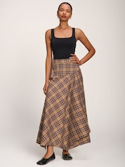 Jolie Moi Brown Check Asymmetric Woven Maxi Skirt - Image 1 of 6