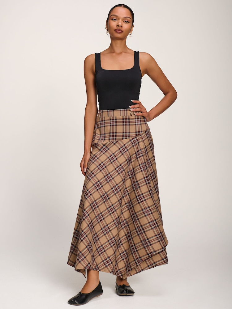 Jolie Moi Brown Check Asymmetric Woven Maxi Skirt - Image 1 of 6 Jolie Moi Brown Check Asymmetric Woven Maxi Skirt - Image 1 of 6