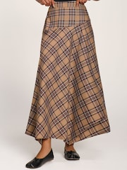 Jolie Moi Brown Check Asymmetric Woven Maxi Skirt - Image 3 of 6