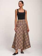 Jolie Moi Brown Check Asymmetric Woven Maxi Skirt - Image 5 of 6