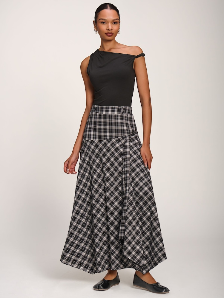 Jolie Moi Black Plaid Asymmetric Maxi Skirt - Image 1 of 6 Jolie Moi Black Plaid Asymmetric Maxi Skirt - Image 1 of 6