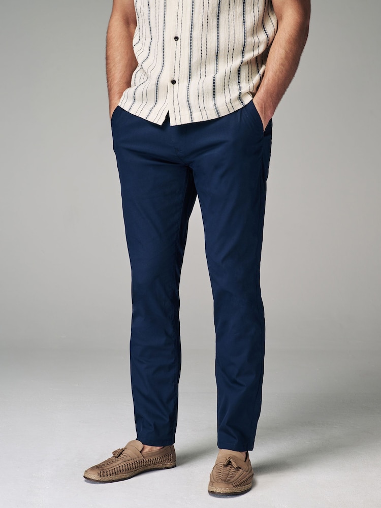 Navy Blue Slim Fit Summerweight Stretch Chino Trousers - Image 1 of 5 Navy Blue Slim Fit Summerweight Stretch Chino Trousers - Image 1 of 5