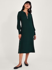 Monsoon Green Pleat Midi Dress - Image 1 of 3