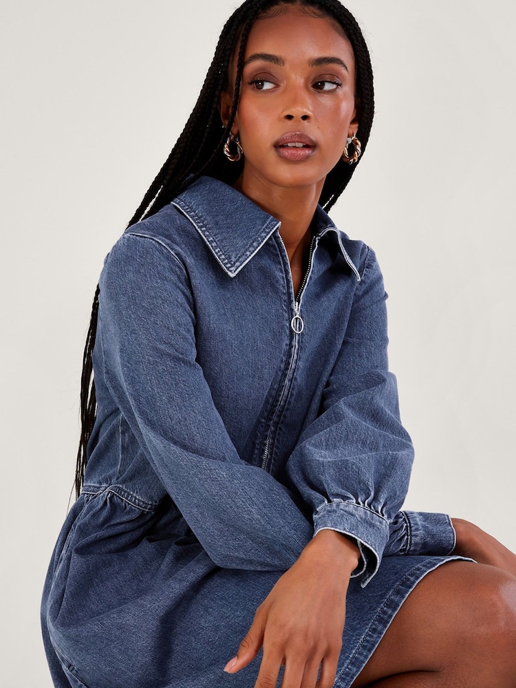 Monsoon Blue 100% Cotton Shirt Zip Denim Dress - Image 2 of 3