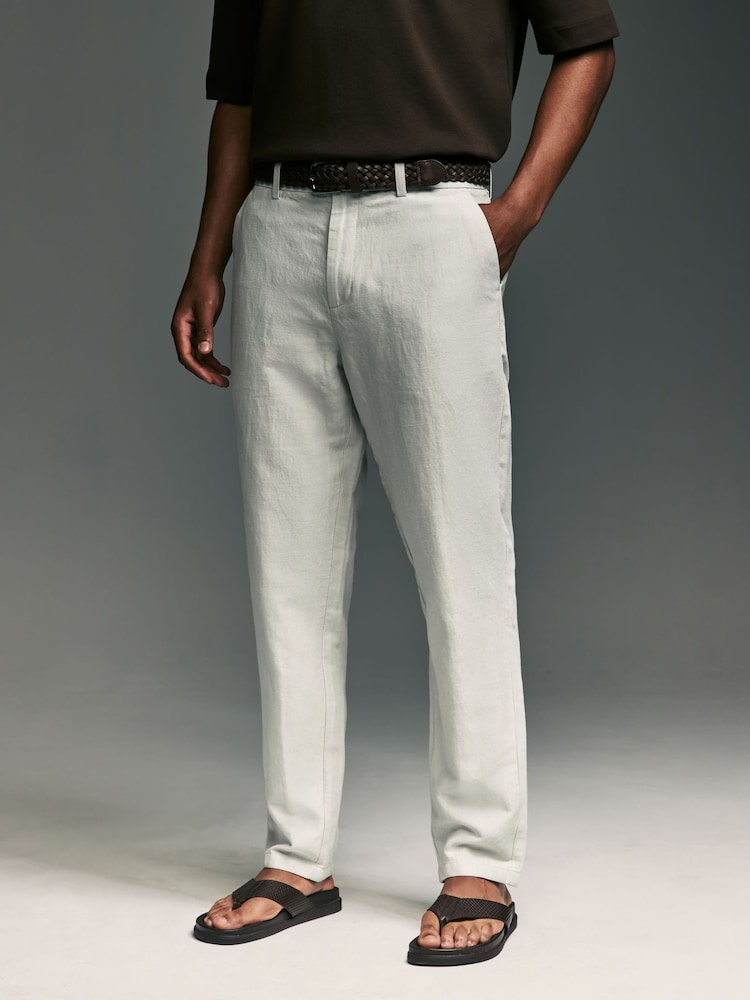 Grey Light Regular Fit Smart Linen Cotton Blend Belted Trousers - Image 1 of 10