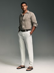 Grey Light Regular Fit Smart Linen Cotton Blend Belted Trousers - Image 2 of 10