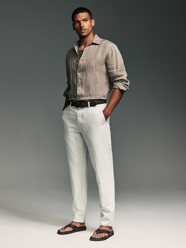 Grey Light Regular Fit Smart Linen Cotton Blend Belted Trousers - Image 2 of 10