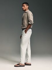 Grey Light Regular Fit Smart Linen Cotton Blend Belted Trousers - Image 3 of 10