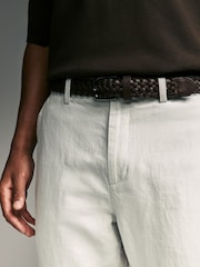 Grey Light Regular Fit Smart Linen Cotton Blend Belted Trousers - Image 6 of 10