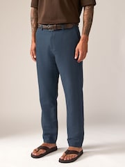 Navy Blue Regular Fit Smart Linen Cotton Blend Belted Trousers - Image 1 of 11