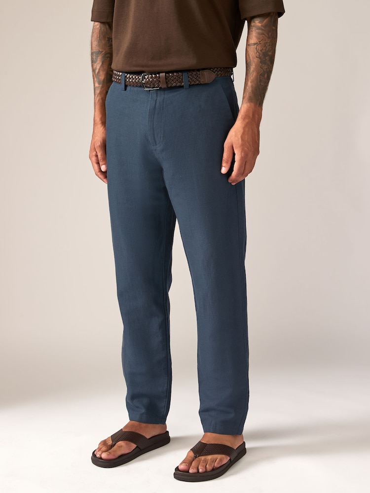 Navy Blue Regular Fit Smart Linen Cotton Blend Belted Trousers - Image 1 of 11