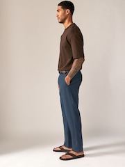 Navy Blue Regular Fit Smart Linen Cotton Blend Belted Trousers - Image 2 of 11