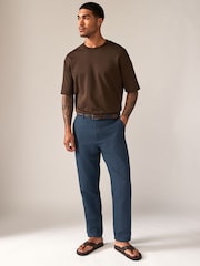 Navy Blue Regular Fit Smart Linen Cotton Blend Belted Trousers - Image 3 of 11