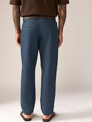 Navy Blue Regular Fit Smart Linen Cotton Blend Belted Trousers - Image 4 of 11