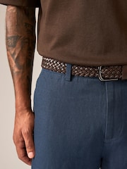 Navy Blue Regular Fit Smart Linen Cotton Blend Belted Trousers - Image 5 of 11