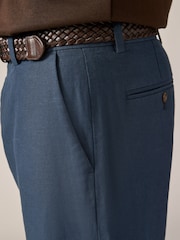 Navy Blue Regular Fit Smart Linen Cotton Blend Belted Trousers - Image 6 of 11